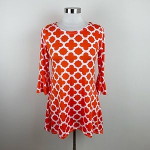 Flirty Pink Orange White Geometric Blouse Top Bell Sleeve Women Medium